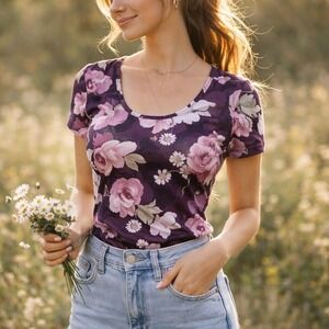 VTG Aqua Blues Purple Floral Top Size M Soft Stretch Y2K Cottagecore Tee 90s